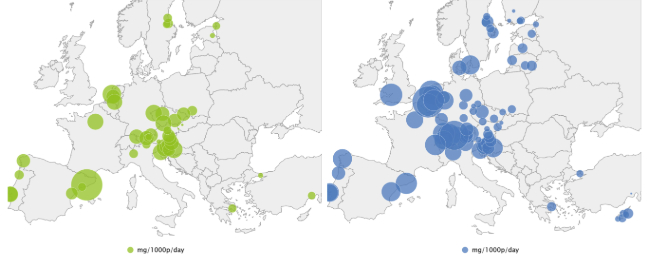 Množství konopí (zeleně) a kokainu (modře) v odpadních vodách evropských měst. Zdroj: https://www.emcdda.europa.eu/